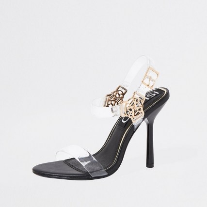 RIVER ISLAND Black RI harness perspex high heel sandals / clear branded going out heels - flipped