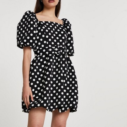 RIVER ISLAND Black short puff sleeve spot mini dress / square neck polka dot dresses - flipped