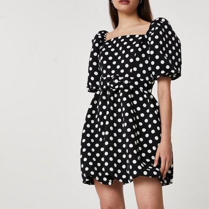 RIVER ISLAND Black short puff sleeve spot mini dress / square neck polka dot dresses
