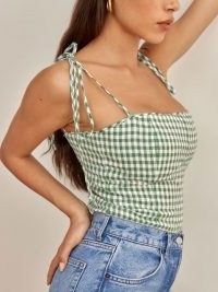 REFORMATION Blanchard Linen Top / strappy green checked summer tops