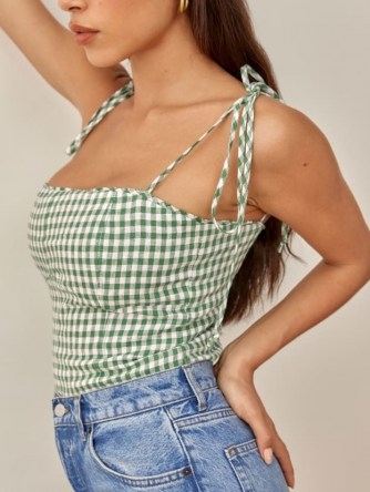 REFORMATION Blanchard Linen Top / strappy green checked summer tops - flipped