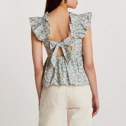 RIVER ISLAND Blue floral shirred top ~ romantic frill sleeve tie back floral tops - flipped