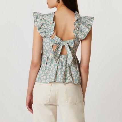 RIVER ISLAND Blue floral shirred top ~ romantic frill sleeve tie back floral tops