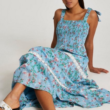 RIVER ISLAND Blue lace trim tiered maxi dress / floral shirred bodice summer dresses / tie shoulder straps - flipped