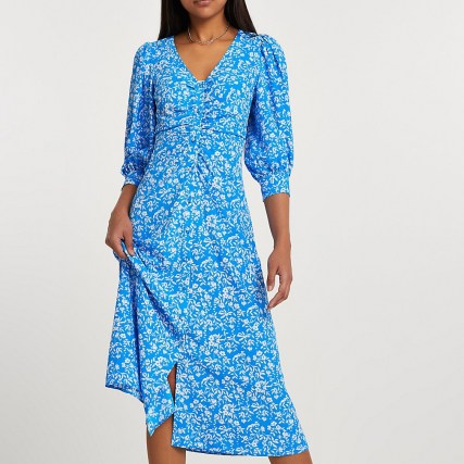 RIVER ISLAND Blue long sleeve ruched floral print dress