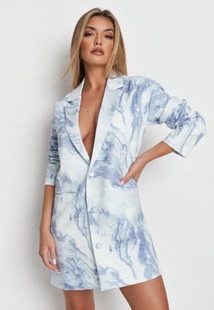 MISSGUIDED blue marble print oversized button blazer dress ~ going out jacket dresses - flipped