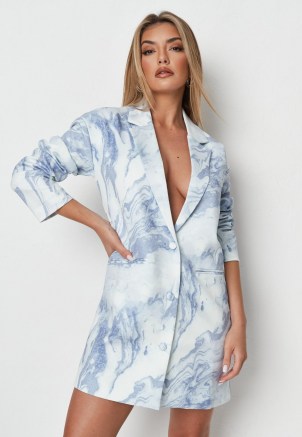 MISSGUIDED blue marble print oversized button blazer dress ~ going out jacket dresses