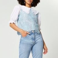 River Island Blue puff sleeve lace shell top