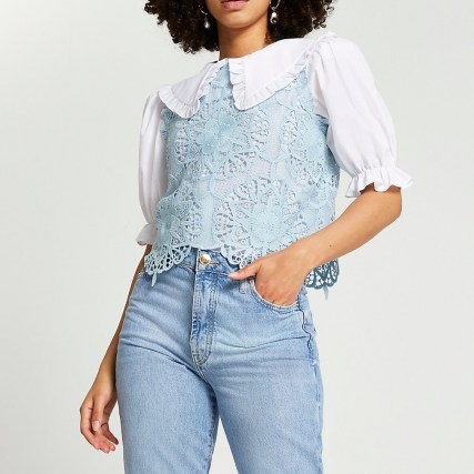 River Island Blue puff sleeve lace shell top - flipped
