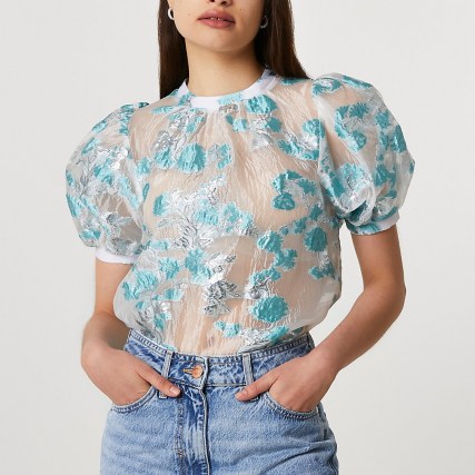 River Island Blue short puff sleeve jacquard top | romantic style tops - flipped