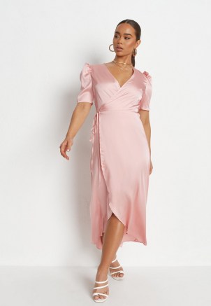 Missguided blush satin puff sleeve high low midi dress | vintage style wrap dresses - flipped
