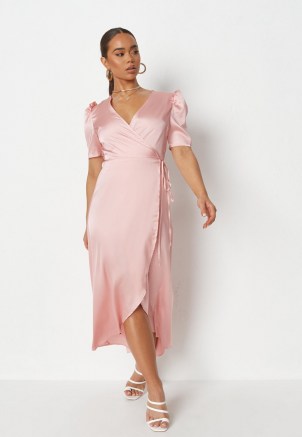 Missguided blush satin puff sleeve high low midi dress | vintage style wrap dresses