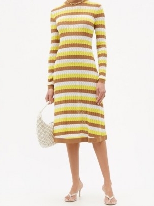 DODO BAR OR Brenda striped pointelle-knit midi dress | yellow, brown and white 70s style striped knitted dresses | retro fashion - flipped