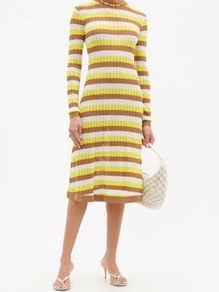 DODO BAR OR Brenda striped pointelle-knit midi dress | yellow, brown and white 70s style striped knitted dresses | retro fashion