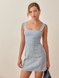 REFORMATION Brigitte Linen Dress in Azure Check / sleeveless blue checked square neck mini dresses