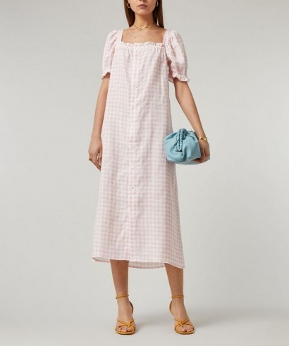 SLEEPER Brigitte Puff-Sleeve A-Line Linen Dress / gingham dresses