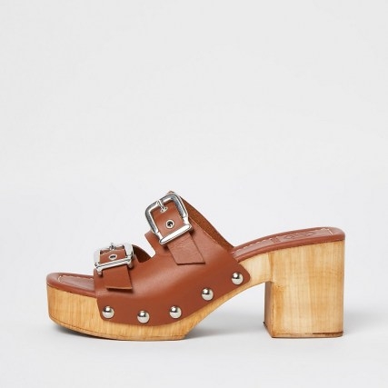 70s style platform sandals ~ RIVER ISLAND Brown double buckle mules - flipped
