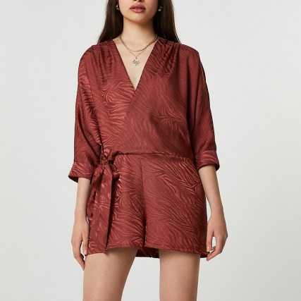 RIVER ISLAND Brown long sleeve animal print playsuit ~ wrap playsuits with tie side - flipped