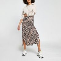 RIVER ISLAND Brown RI print split skirt | side slit skirts