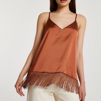 RIVER ISLAND Brown tassel hem cami top ~ fringed camisole tops - flipped