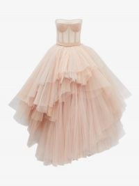 Alexander McQueen Bustier Tulle Dress Rose Pink ~ layered mesh net dresses ~ fitted strapless bodice ~ full tiered skirt gown ~ look and feel like a princess
