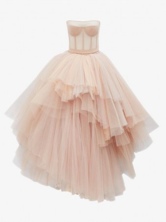 Alexander McQueen Bustier Tulle Dress Rose Pink ~ layered mesh net dresses ~ fitted strapless bodice ~ full tiered skirt gown ~ look and feel like a princess - flipped