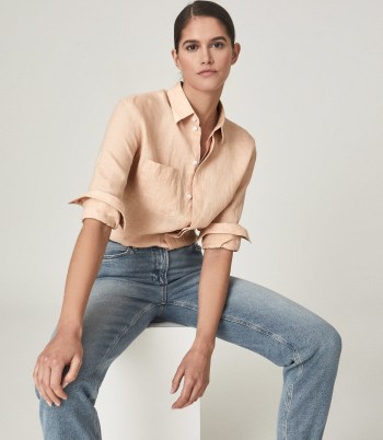 REISS CAMPBELL LINEN RELAXED FIT SHIRT PINK / women’s effortless style casual shirts for summer - flipped