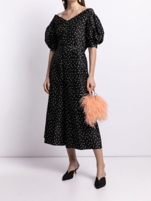 Carolina Herrera off-shoulder polka-dot print blouse / black silk bardot blouses