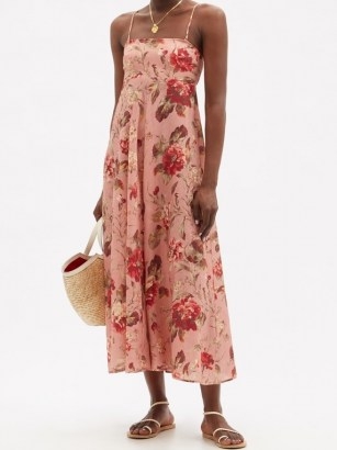 ZIMMERMANN Cassia Musk Floral-print linen midi dress in pink / spaghetti strap summer dresses - flipped