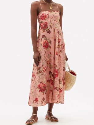 ZIMMERMANN Cassia Musk Floral-print linen midi dress in pink / spaghetti strap summer dresses