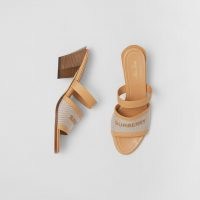 BURBERRY Logo Print Canvas and Leather Mules / logo print sandals