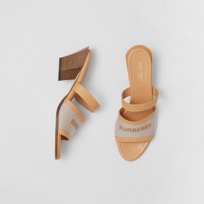 BURBERRY Logo Print Canvas and Leather Mules / logo print sandals