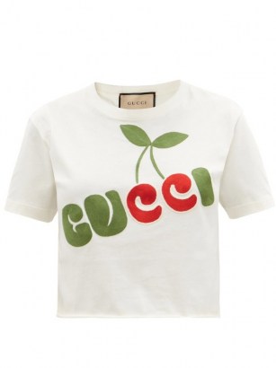GUCCI Cherry-appliqué cropped cotton-jersey T-shirt / fruit applique logo tee