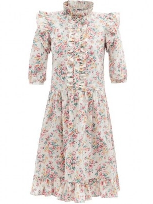 BATSHEVA Claude ruffled floral-print cotton-canvas dress | pink vintage style prairie dresses