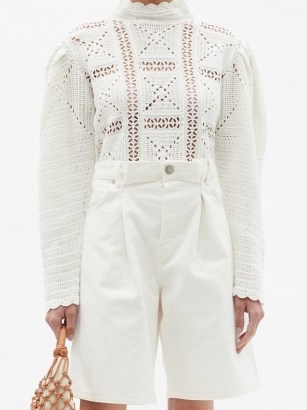 SEA Corinne cotton-crochet sweater | white volume sleeve sweaters - flipped