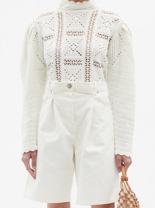 SEA Corinne cotton-crochet sweater | white volume sleeve sweaters