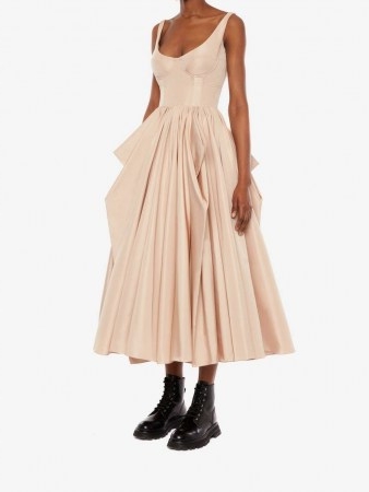 Alexander McQueen Corset Bow Drape Dress in Blush ~ pink fitted bodice dresses with full skirt