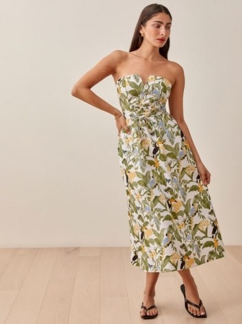 REFORMATION Cosima Linen Dress in Tropics / tropical print removable shoulder strap summer dresses - flipped