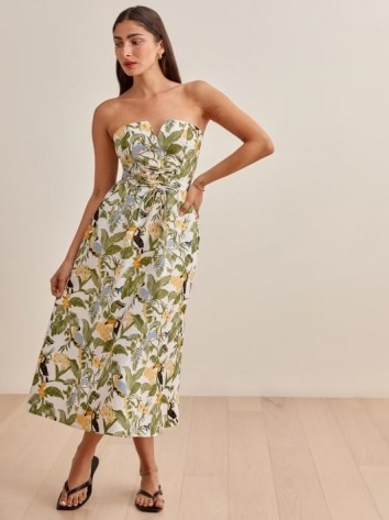 REFORMATION Cosima Linen Dress in Tropics / tropical print removable shoulder strap summer dresses