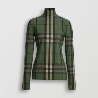BURBERRY Check Stretch Jersey Turtleneck Top / green checked high neck tops
