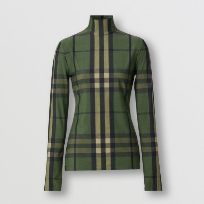 BURBERRY Check Stretch Jersey Turtleneck Top / green checked high neck tops - flipped