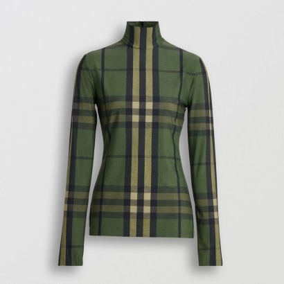 BURBERRY Check Stretch Jersey Turtleneck Top / green checked high neck tops
