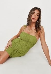 MISSGUIDED demi jones edit green tie shoulder ruched mini dress ~ gathered skinny strap dresses
