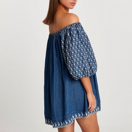 River Island Denim puff sleeve embroidered bardot dress | blue off the shoulder dresses - flipped