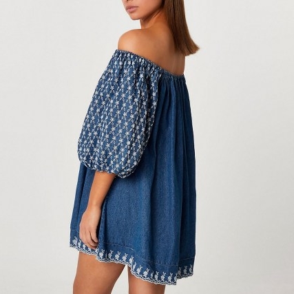 River Island Denim puff sleeve embroidered bardot dress | blue off the shoulder dresses