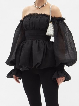 AJE Divine off-the-shoulder balloon-sleeve voile top ~ black voluminous bardot tops