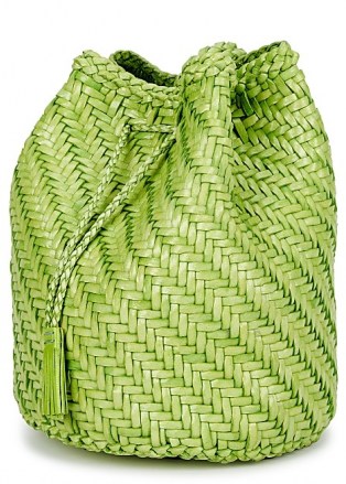 DRAGON DIFFUSION Pompom Double Jump woven leather bucket bag in green – summer crossbody bags - flipped