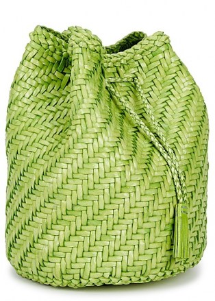 DRAGON DIFFUSION Pompom Double Jump woven leather bucket bag in green – summer crossbody bags