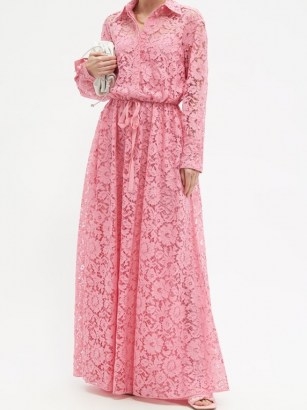 VALENTINO Pink drawstring-waist floral-lace shirt gown ~ romantic maxi shirt dresses - flipped