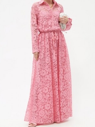 VALENTINO Pink drawstring-waist floral-lace shirt gown ~ romantic maxi shirt dresses